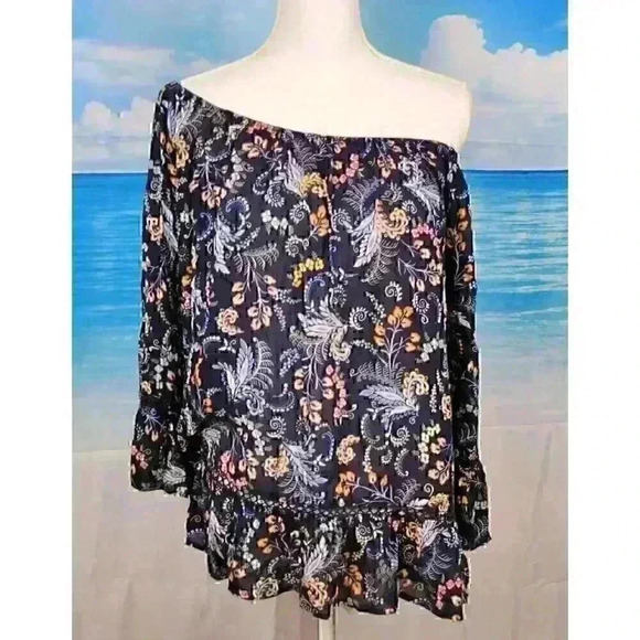 BLACK TUNIC Top ON or OFF SHOULDER Ruffle Hem and Cuff Lightweight size 1x XL - Picture 7 of 11